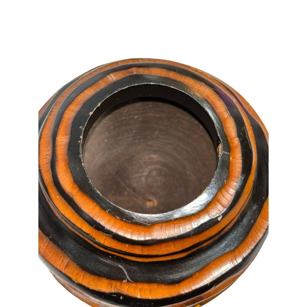 Hand Carved Wood Beehive Tripod Vase Brown Black Sculptural Boho Decor 6.5in